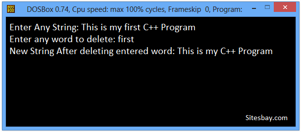 Output c++ program to delete any word for given sentence