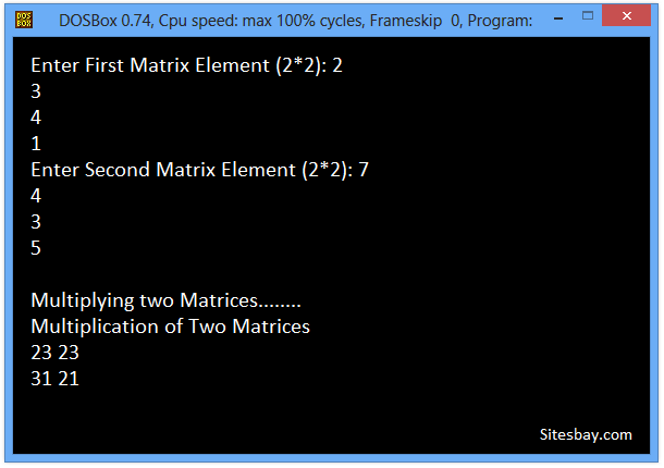 Output c++ program multiply 2X2 Matrices