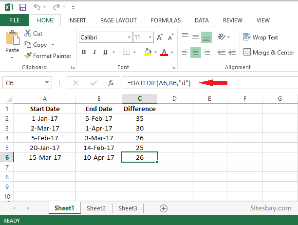 calculate difference between two dates in excel