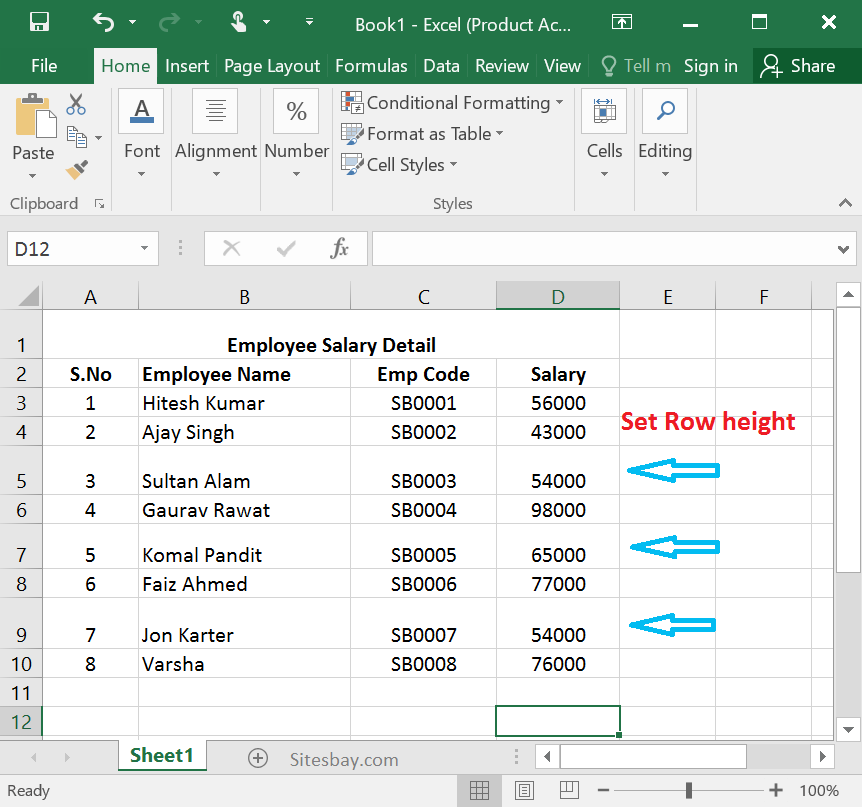 how to set row size in excel