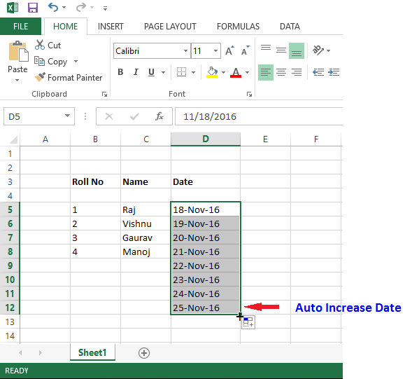 fill handle with date in excel