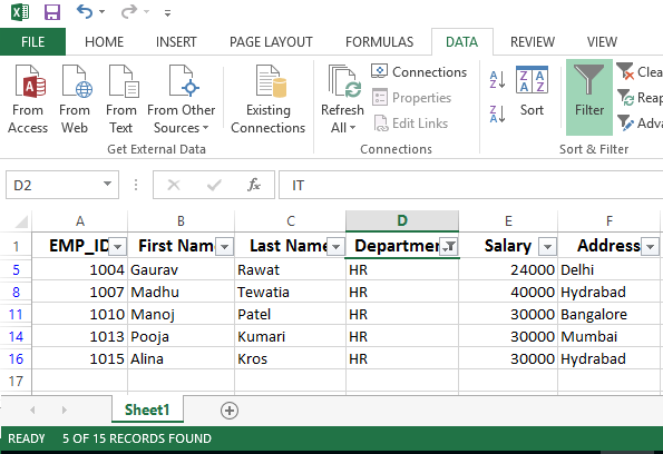 filter data in excel sheet