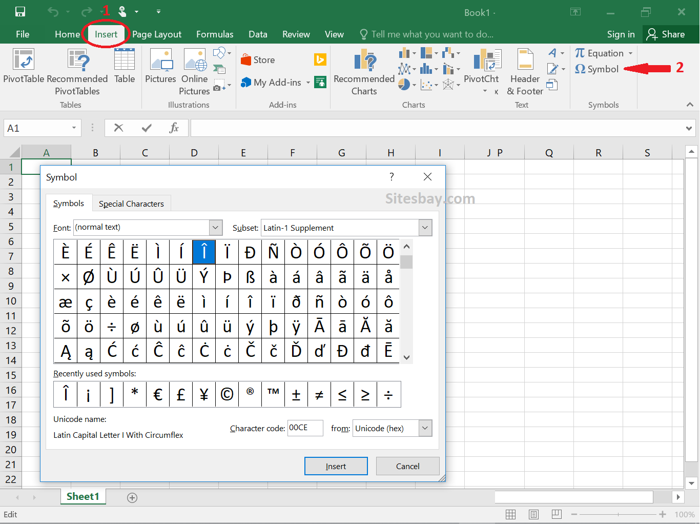how to insert symbol in excel