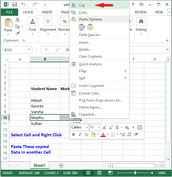 move data in excel
