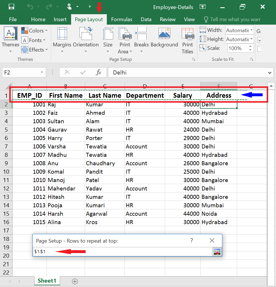 print top row on every page in excel