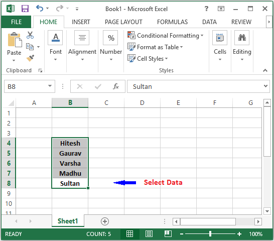 select data in excel