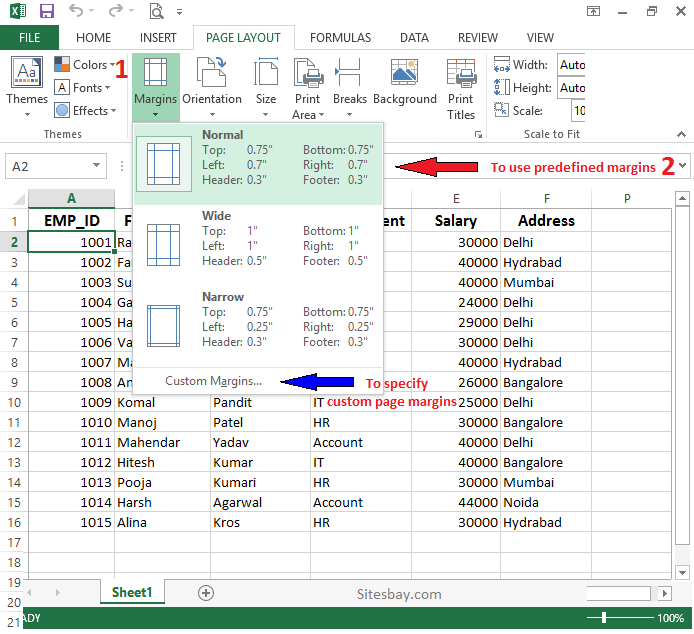 how to set page margins in excel