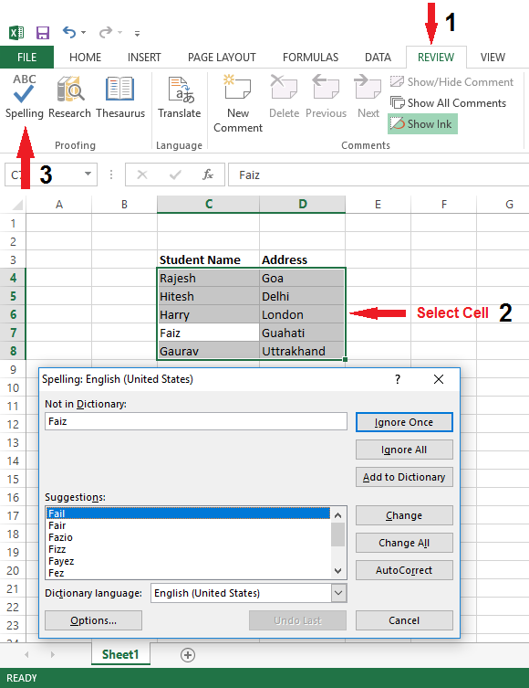 how to check spelling in excel