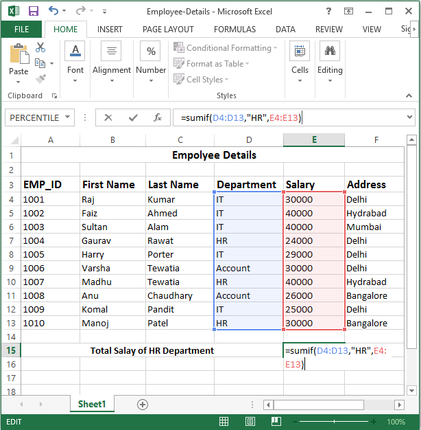 sumif function in excel