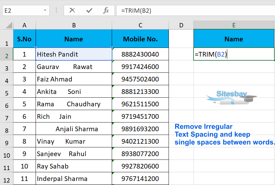 trim function in excel