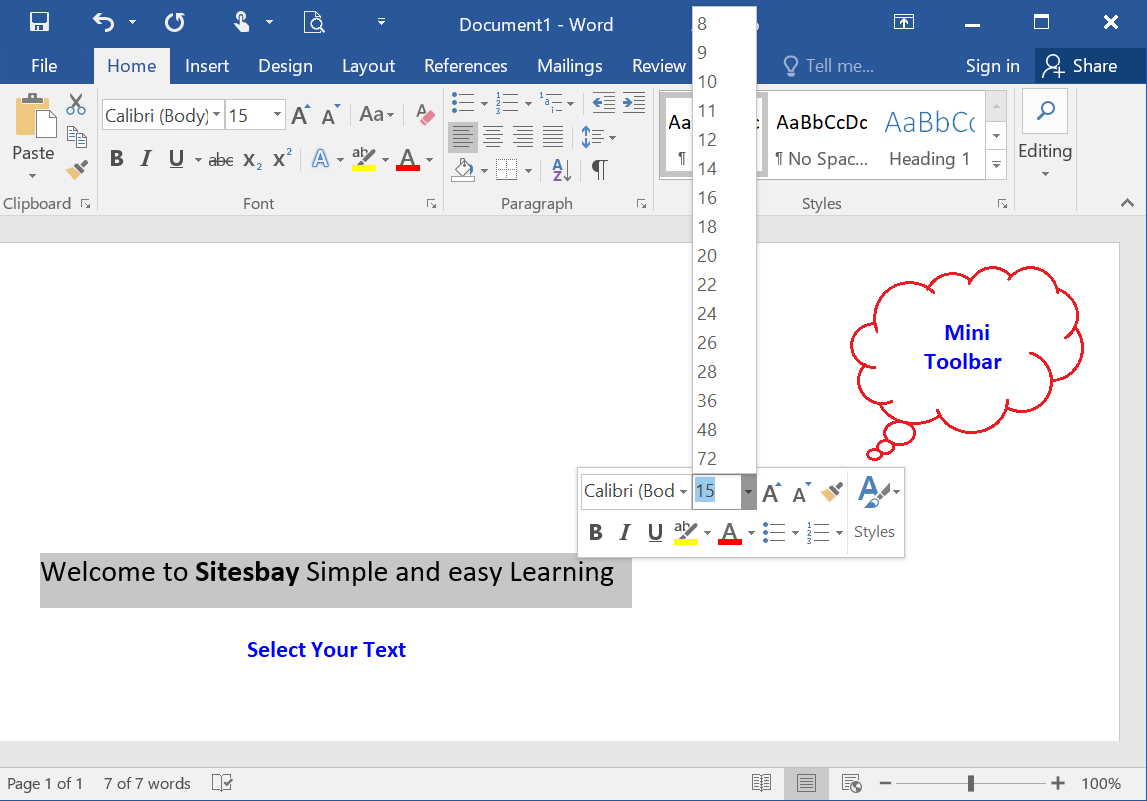 change font size using mini toolbar in word