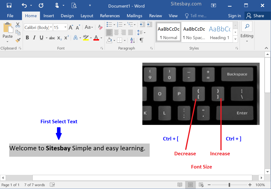 shortcut to change font size in word