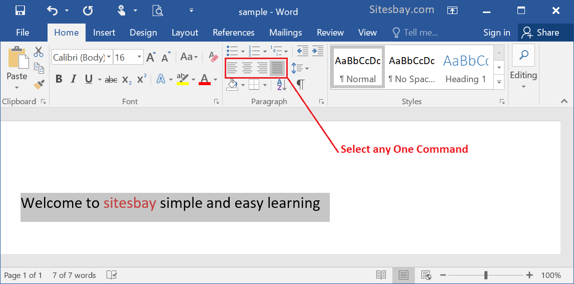 change text alignment in word