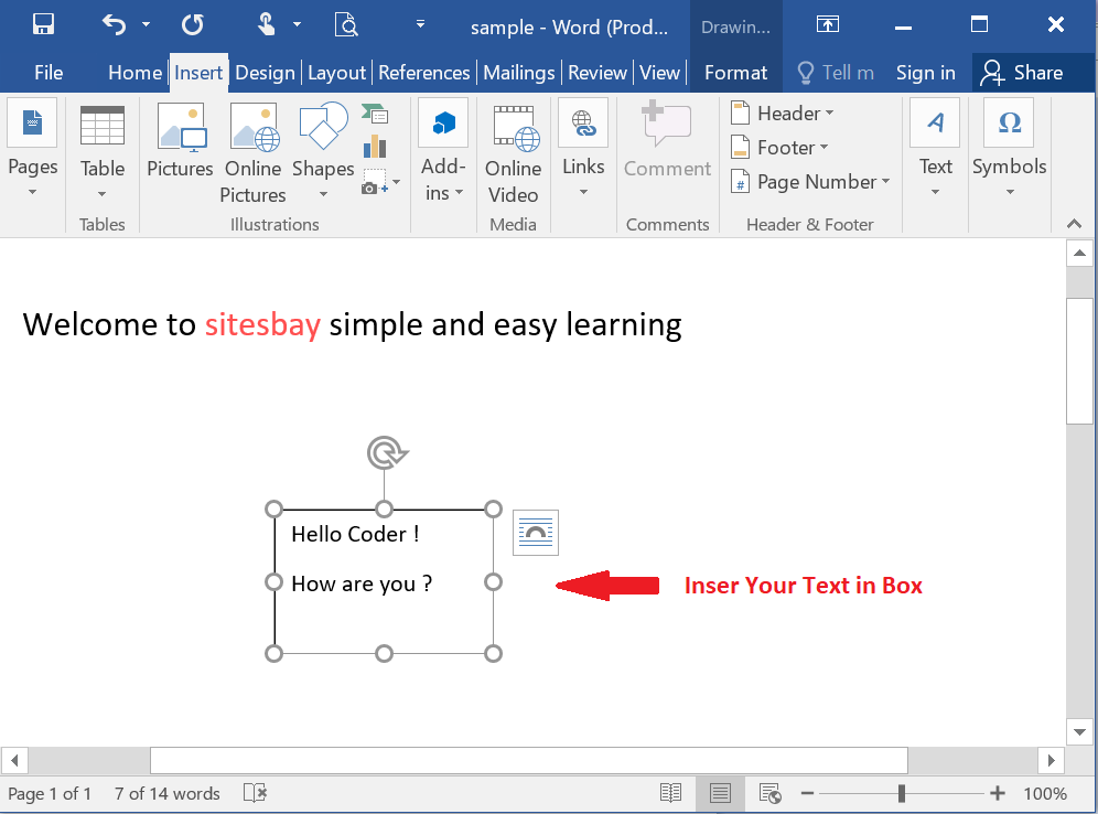 insert text in box in word