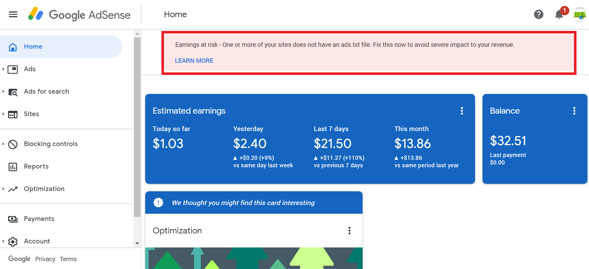 fix earning at risk warning in adsense