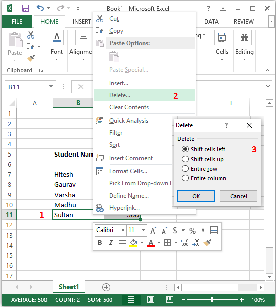 delete data in excel