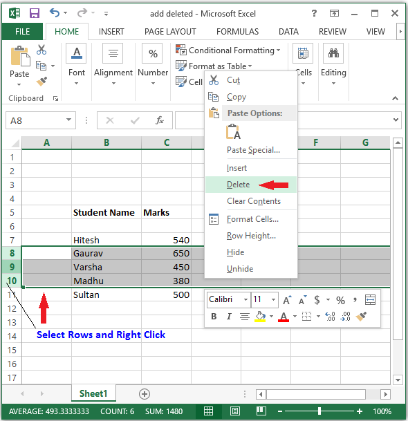 Image delete row in excel