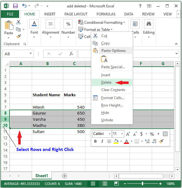 delete row in excel