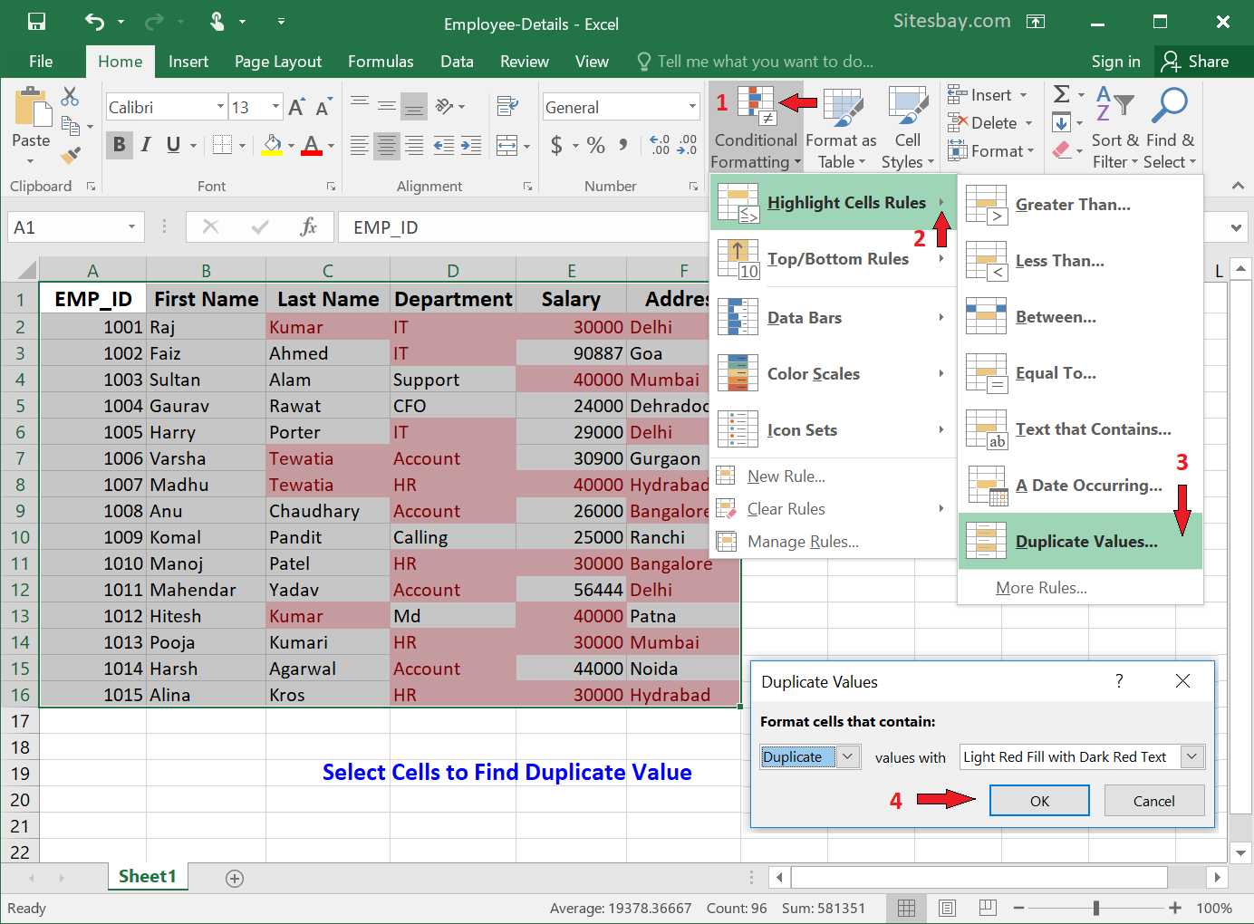 find duplicate value setting in excel