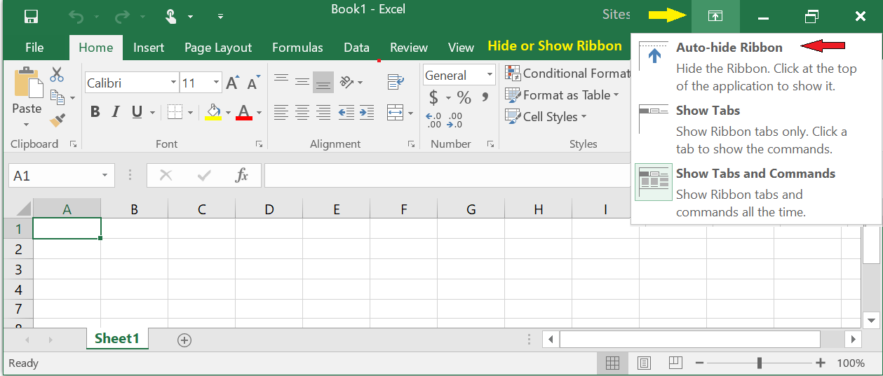 hide or show ribbon in excel