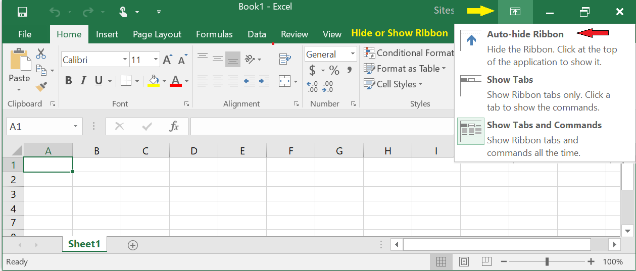 Image hide or show ribbon in excel