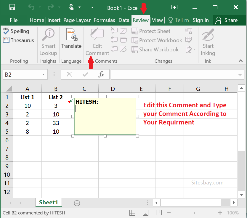 insert comment in excel