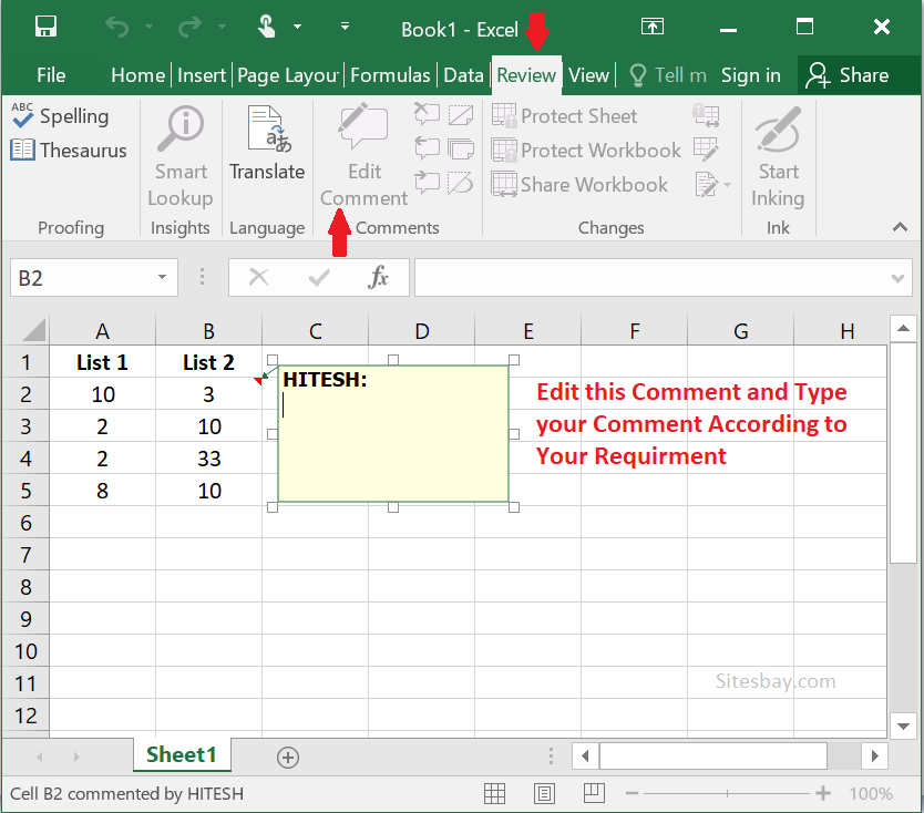 Images insert comment in excel