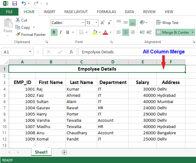 combined columns in excel