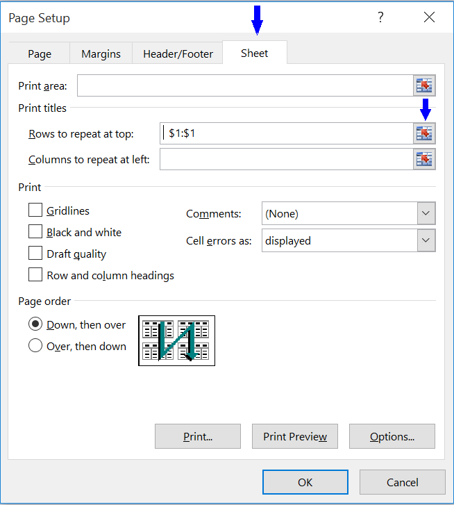 print top row on every page in excel