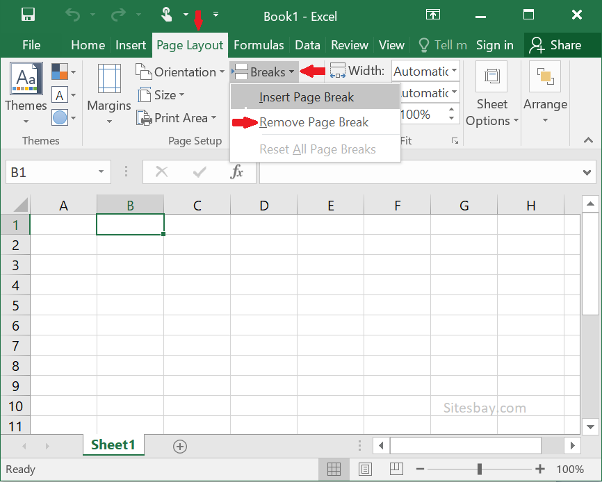Images remove page break in excel