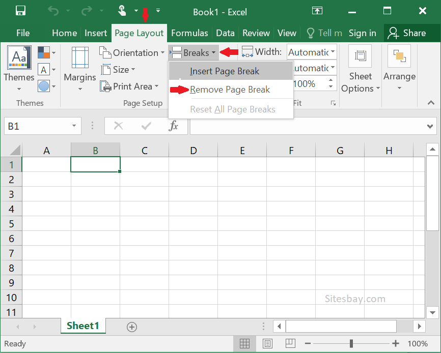 remove page break in excel