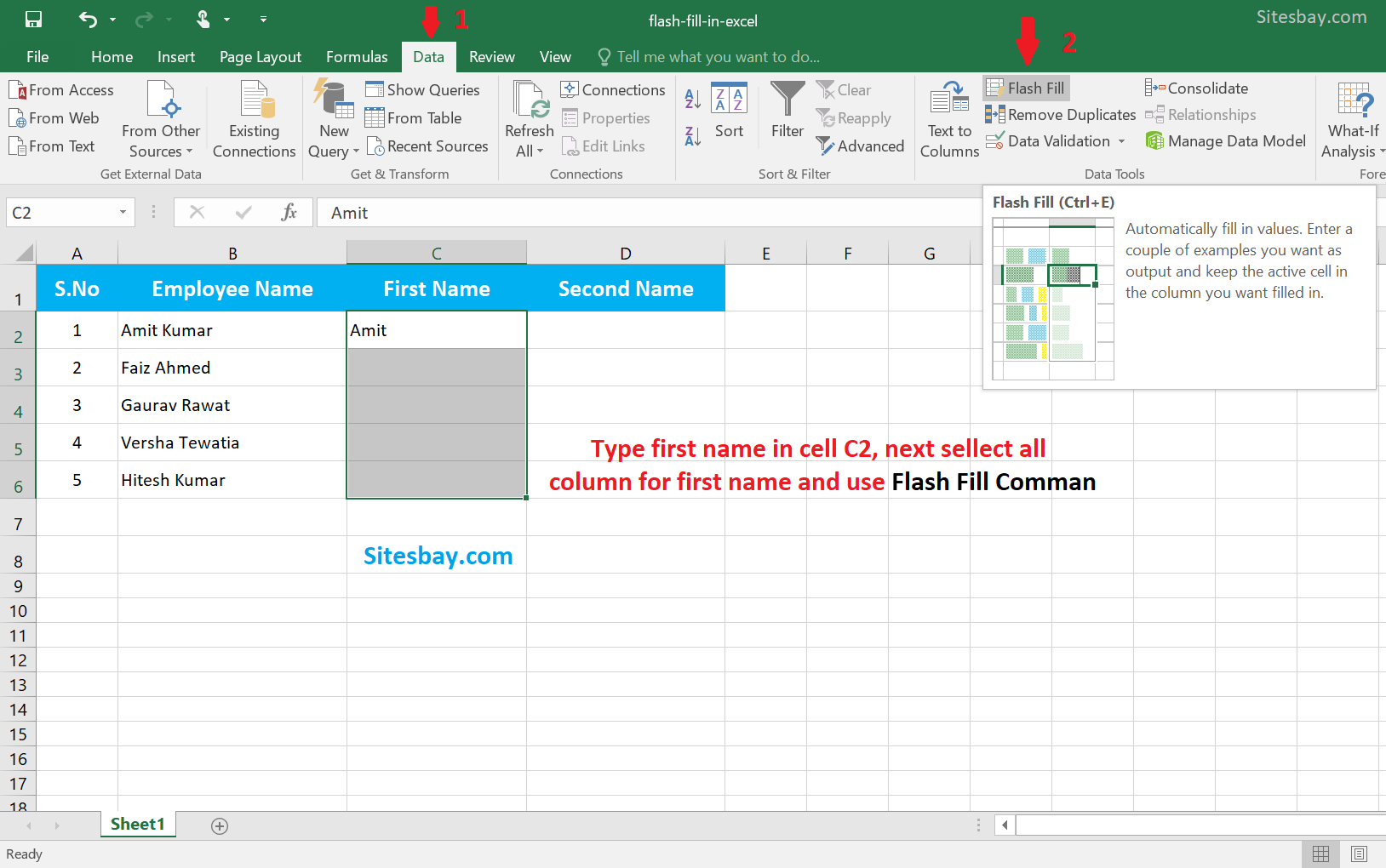Images separate first name and last name in excel