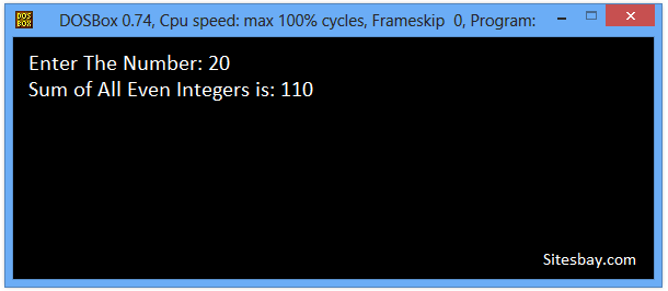 output calculate sum of all even integer in c