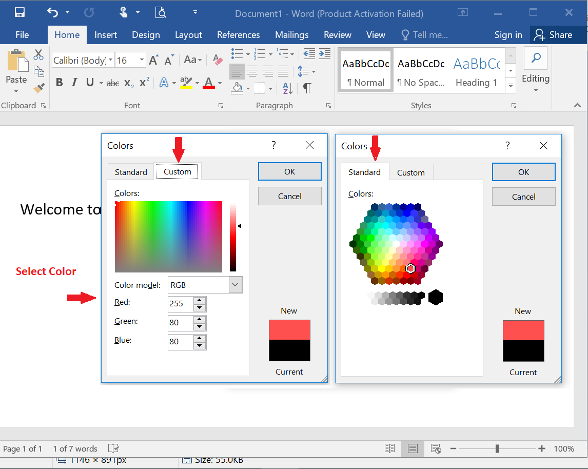 change selected text color in word