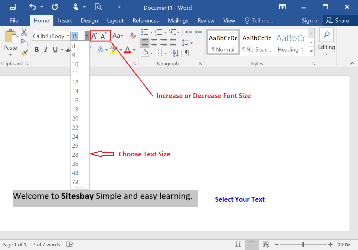 change font size in word