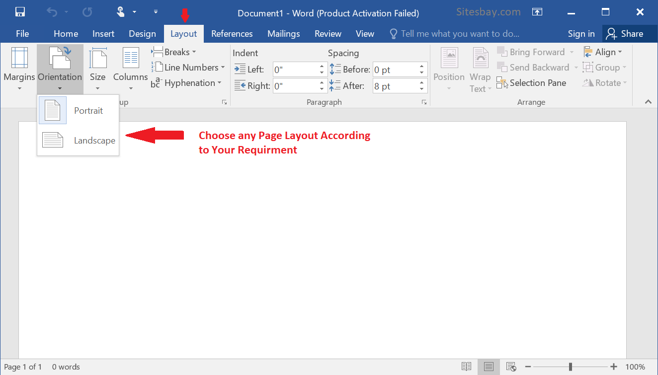 how to change page layout in word for only one page
