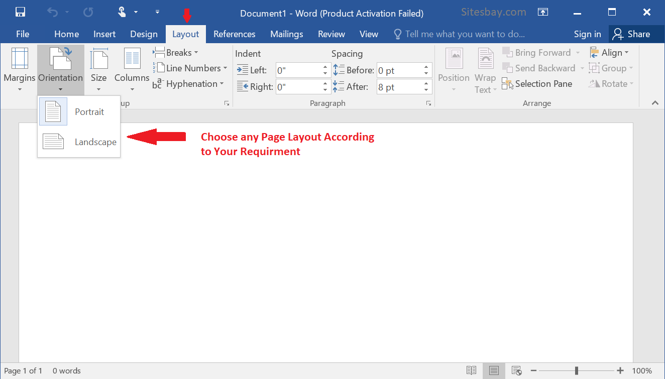 change page layout in word