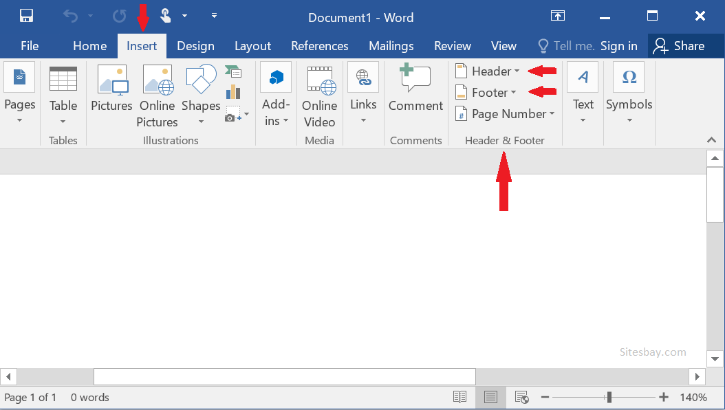 insert header and footer in word