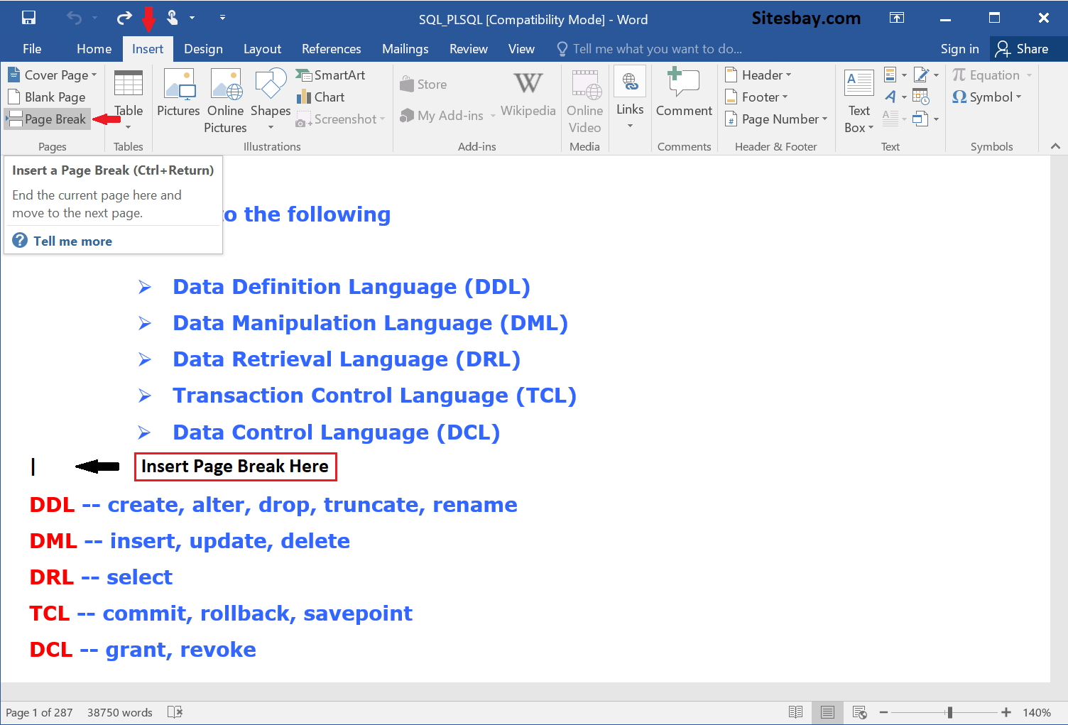 how to insert page breaks on microsoft word