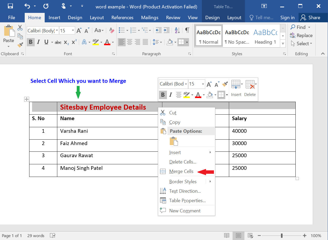 merge cell in word