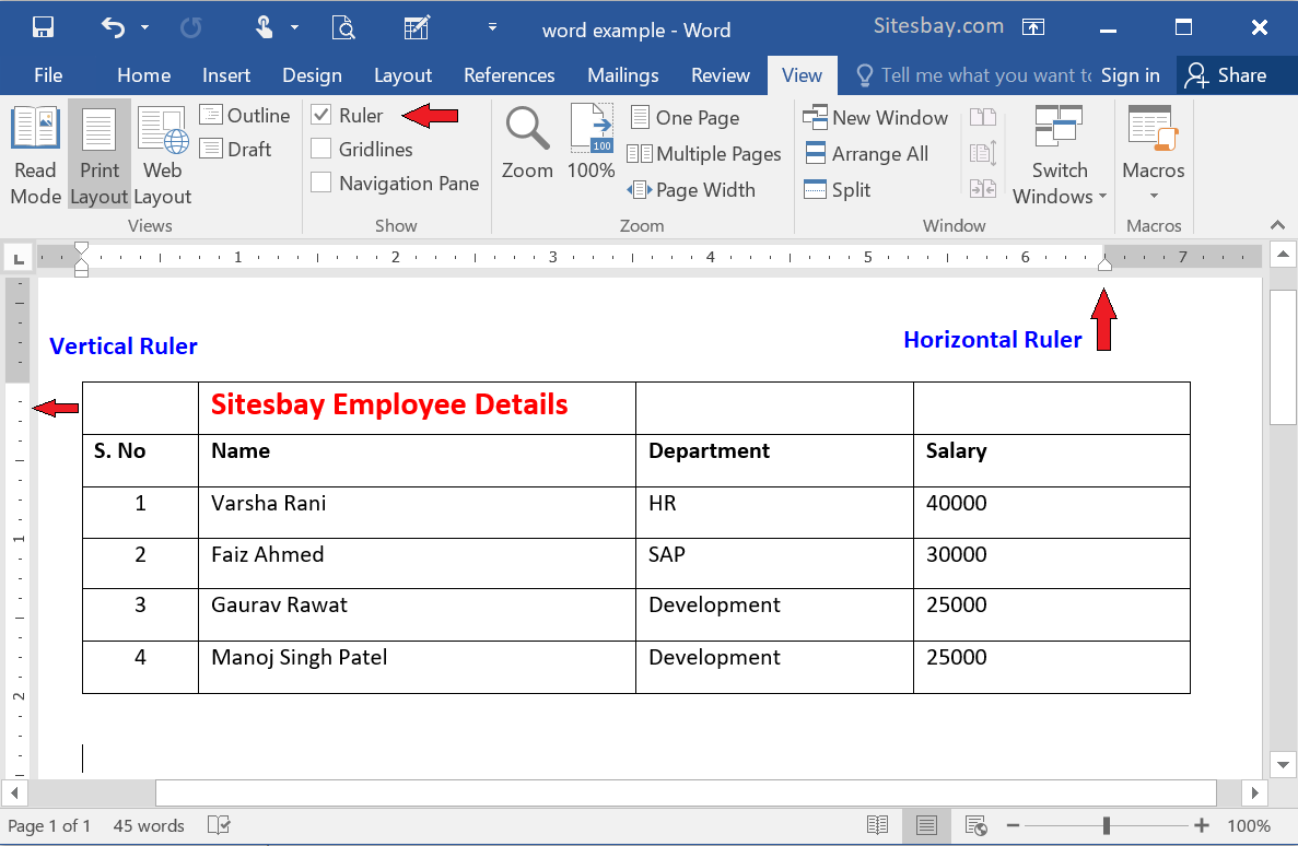 Images show ruler in word