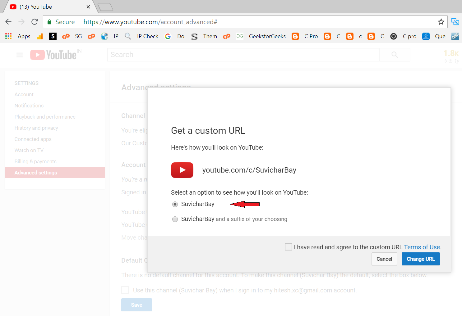create own url for youtube channel